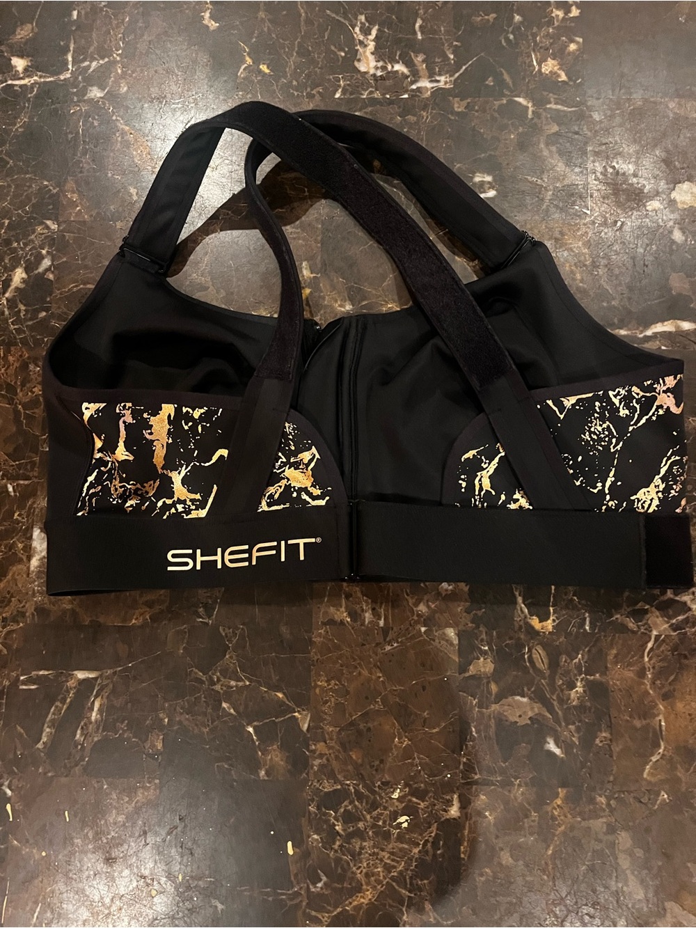 SHEFIT Black Sports Bra with Metallic and Black Splash Size 3LUXE